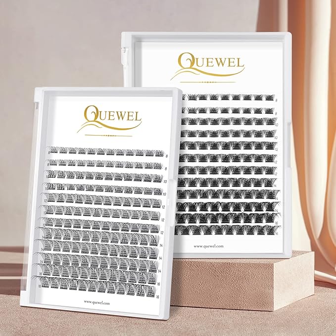 QUEWEL Cluster Lashes 144 Pcs Wide Stem Individual Lashes C/D Curl 8-16mm Length DIY Eyelash Extension False Eyelashes Natural&Mega Styles Soft for Personal Makeup Use at Home (Natural-D-MIX-144 Pcs)