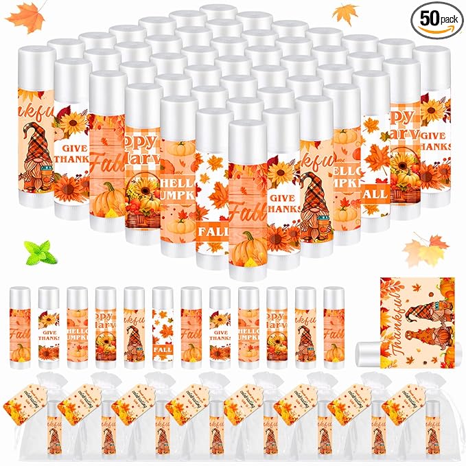 50 Set Fall Gifts Lip Balms Bulk Fall Party Favors 6 Assorted Flavors with 50 Organza Bags and Cards Autumn Pumpkin Maple Leaf Chapstick Thanksgiving Gifts for Women Men Coworkers Guest
