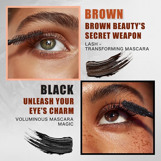 2 Colors Double-Ended Waterproof Mascara, Black & Brown, Lengthening, Volumizing, No Smudge, No Clumping, Long Lasting (1Pcs)