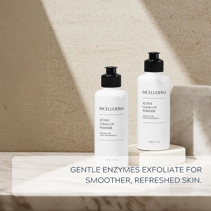 INCELLDERM Active Clean-Up Powder 90g (3.17oz) | Water-Activated Facial Cleanser with Papain Enzymes | Gentle Exfoliation and Skin Barrier Support | Plant-Based Formula