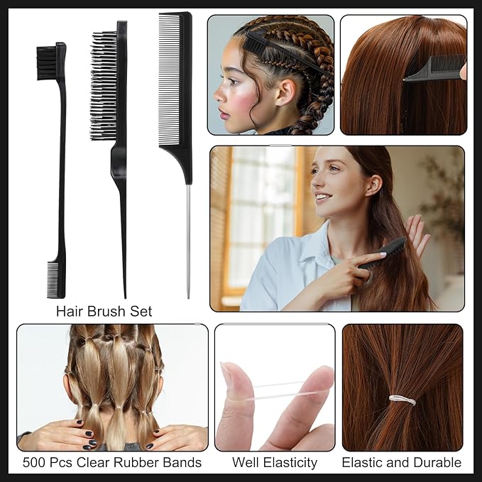 Boar Bristle Slick Back Hair Brush Comb with Wide Boar Bristle Brush,Hair Wax Stick,500PCS Elastic Rubber Bands for Women and Men Sectioning,Parting