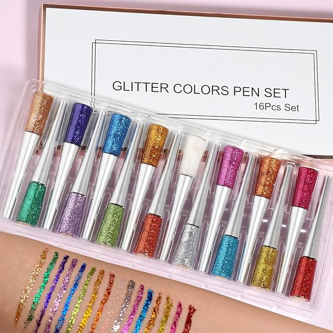 16PCS Liquid Glitter Eyeliner set, 16 Colors High Pigmented Brighten Eye Liner Kit, Long Lasting Waterproof Metallic Shimmer Eyeshadow