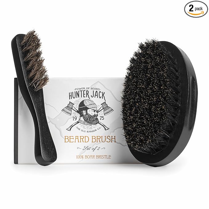 Beard Brush for Men - Natural Boar Bristle Beard Brush Kit - Soft Small Mustache Brush for Men - Premium Travel Grooming Set by Hunter Jack