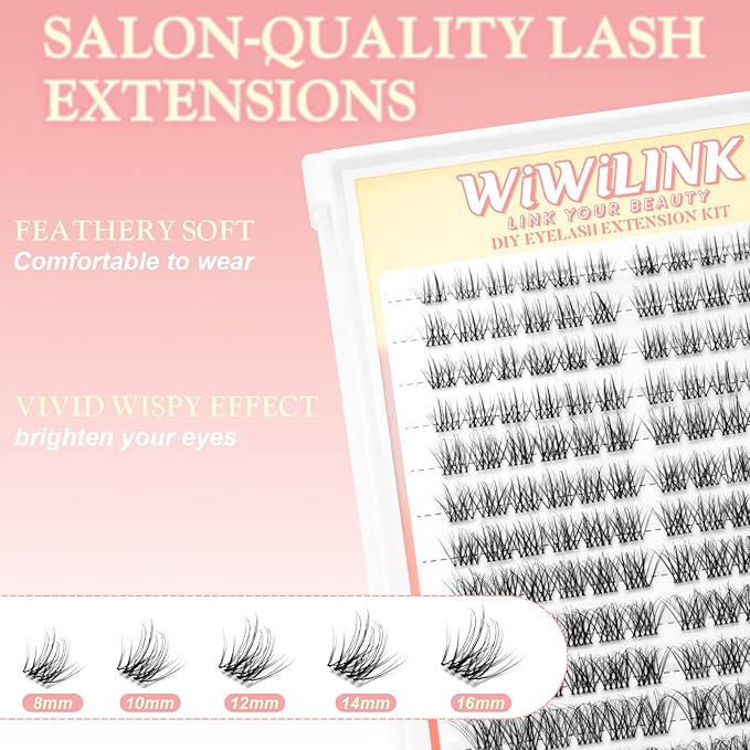 Lashes Aura Kit Wispy Lash Clusters Kit Natural Eyelash Clusters 8-16mm DIY Lash Spikes Manga Extension 0.3mm Ultra-Thin Invisible Band Individual Cluster Eyelash Extensions Kit