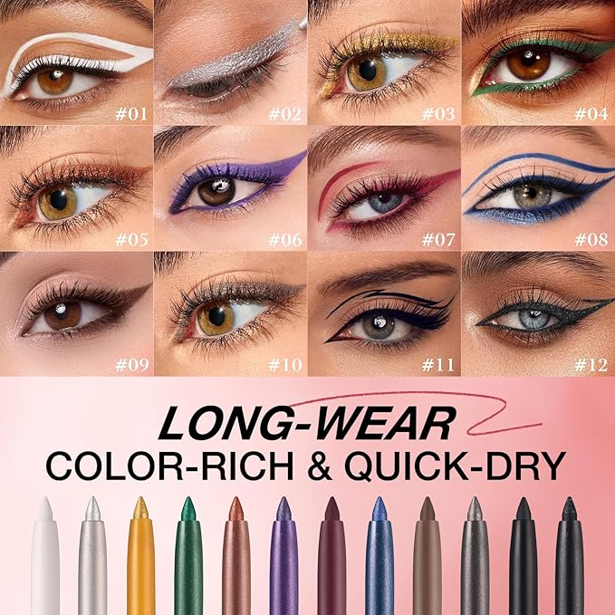 LANGMANNI 2Pcs Metal Colorful Eyeliner Pencil Set - Matte & Shimmer Eye Makeup,Smooth Use Long-Lasting & Waterproof Eyeliner Set(#11+12)