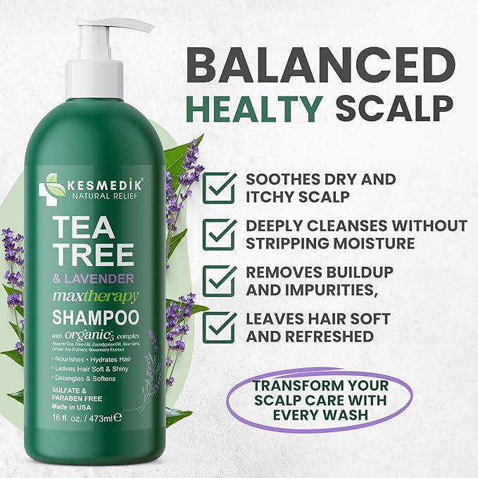 KESMEDIK Tea Tree Lavender Shampoo with Mint & Rosemary, Clarifying Deep Clean for Buildup, Dandruff & Cools Refreshes Itchy Scalp, Sulfate-Free for Oily Hair, Women & Men, 16 fl oz