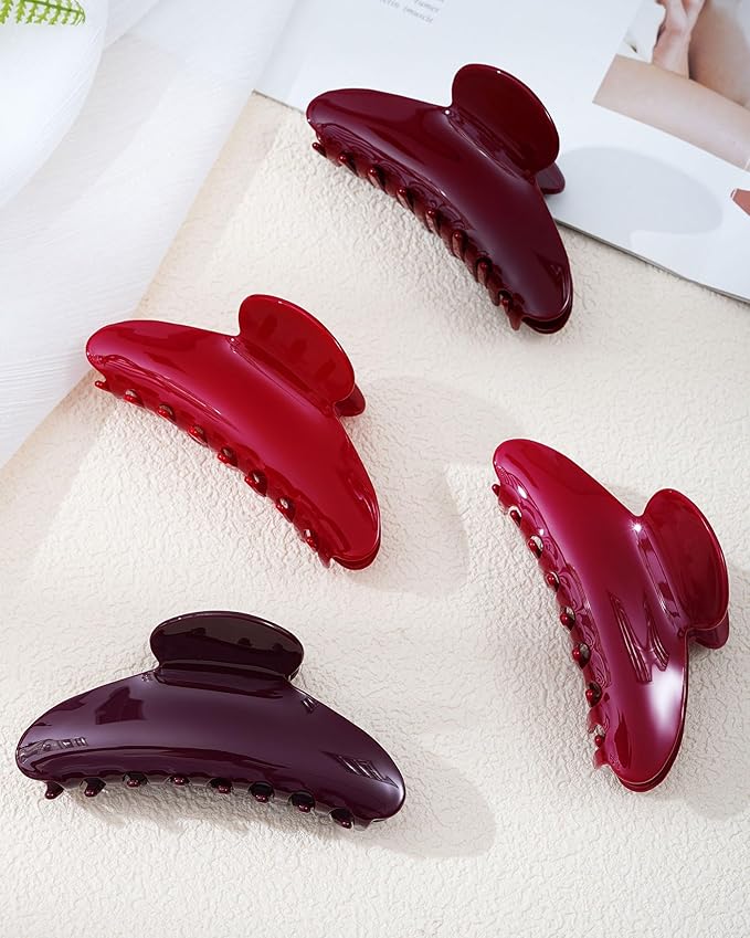Mesovor 4 pack Acrylic Hair Clips Claws, Nonslip 4.1" Large Hair Grip Hairclips for Thin and Thick | French Banana Barrettes Hair Strong Hold Hair Jaw Clamps (Red, Cherry Red)