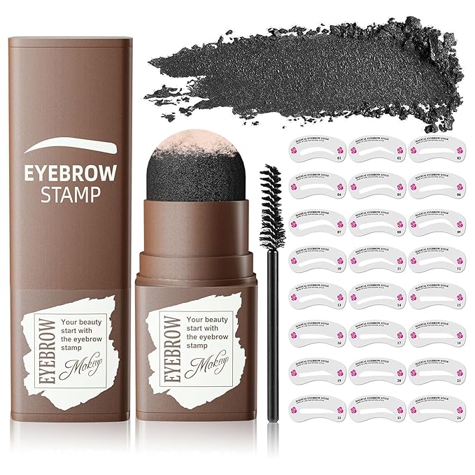 Eyebrow Stamp & Eyebrow Stencil Kit, Eye Brow Stencil Kits with Eyebrow Brush, Long-Lasting Waterproof & Smudge-Proof Eyebrow Shaping Kit with 24PCS Thin & Thick Eyebrow Stencils (Dark Black)