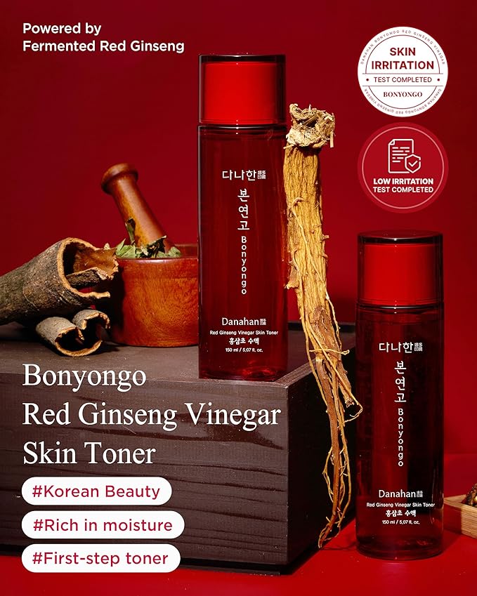 DANAHAN Korean Red Ginseng Vinegar Toner for Dry & Mature Skin - Rich Hydrating Essence with 6-Year Fermented Ginseng + Niacinamide + Adenosine for Glass Skin Glow, Bonyongo Hanbang, 5.07 fl oz