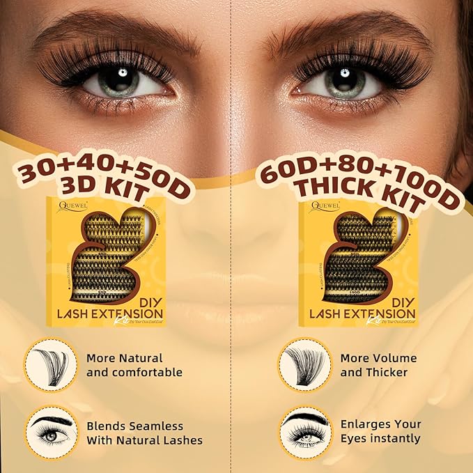 QUEWEL DIY-Lash-Extension-Kit, 280pcs 30+40+50D-Lashes-Clusters Mixed 12-18mm Soft Eyelash-Clusters-Kit with Lash Bond and Seal Waterproof, and Eyelash Clusters Tweezers Easy DIY at Home(30+40+50 KIT)