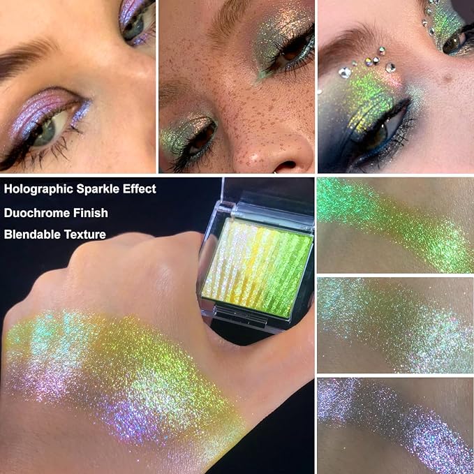 Afflano Sparkly Glitter Chrome Eyeshadow Color Shift, Holographic Multichrome Eyeshadow Palette Green-Gold-Purple, Duochrome Shimmery Eye Shadow Half Magic for Women Girls Iridescent Eye Makeup, #05