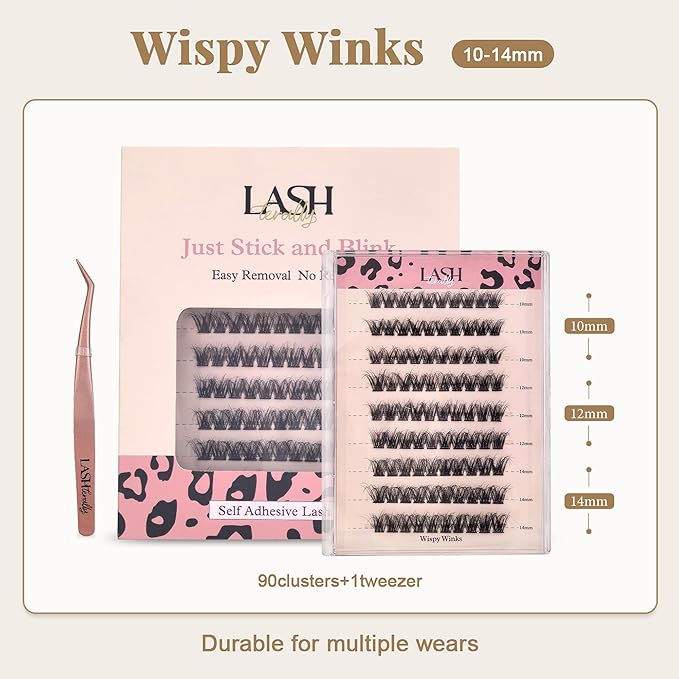 Self Adhesive Eyelashes Glue Free Easy Removal lash Extensions Natural Classic Wispy Winks 10-14mm Version 5D Upgrade D Curl Thick Press on Natural False Eyelashes 90 Lash Clusters Kit