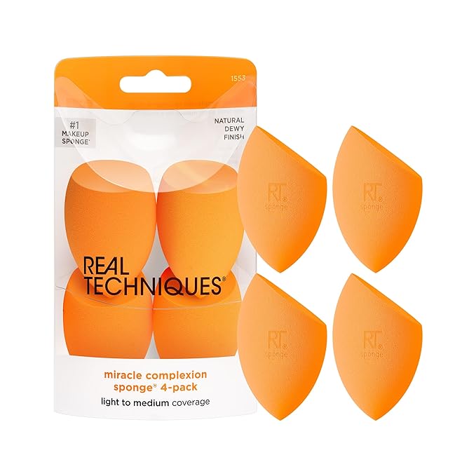 Real Techniques Miracle Complexion Sponge 4 Pack, Makeup Blending Sponges For Liquid & Cream Foundation & Skin Tints, Buildable Coverage, Natural, Dewy Base, Cruelty- Free, Latex-Free Foam