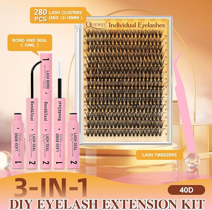 QUEWEL DIY Lash Extension Kit, 280 Pcs Lash Clusters Kit 40D Individual Lashes Eyelash Extension Kit with Lash Bond and Seal Lash Tweezers (LSTZ-40D)