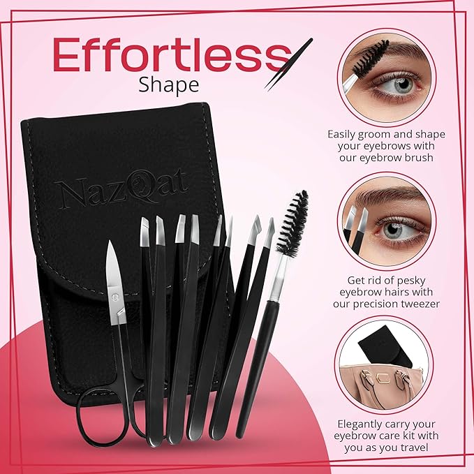 6-Piece Precision Eyebrow Tweezers for Women & Men - Professional Eyebrow & Facial Hair Grooming Kit with 4 Tweezers For Eyebrows, Eyebrow Scissors & Brush - Stainless Steel Tools in Leather Case