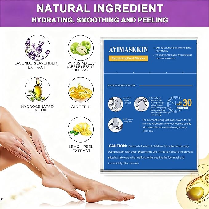 Foot Masks for Dry Cracked Feet, Lavender Moisturizing Socks - Intensive Hydrating Foot Care & Cracked Heel Treatment, 3 Pairs