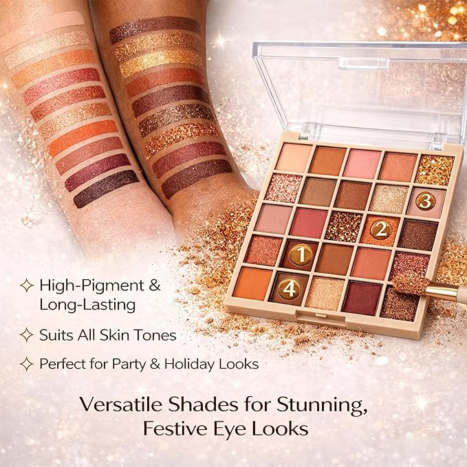 K'APEINE 25-Color Eyeshadow Palette, Warm Neutral Nude Pink & Brown Shades, Matte Shimmer & Glitter Finishes, Highly Pigmented, Blendable Long-Lasting, Soft Glam Day-to-Night Makeup