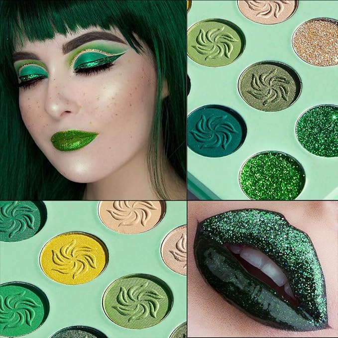 Afflano Green Eyeshadow Palette, Green Glitter Eyeshadow Highly Pigmented, Forest Emerald Christmas Makeup Palettes, Yellow Lime Grass Greenish Makeup Eye Shadow Pallet 15 Color
