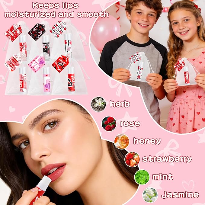 50 Set Valentines Party Favors Galentines Day Gifts Valentine Lip Balms Gloss Bulk for Women 6 Assorted Flavors Chapstick with Organza Bags and Cards for Wedding Bridal Shower Birthday