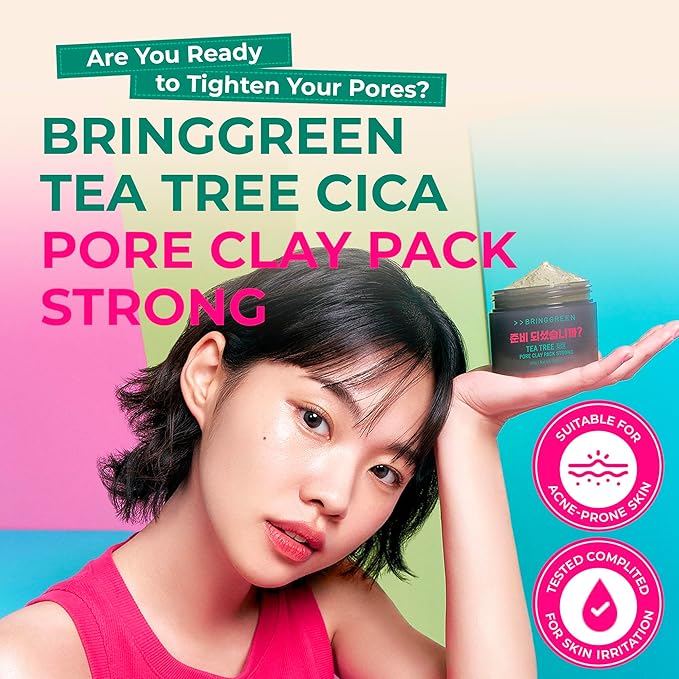 BRING GREEN Tea Tree Cica Pore Clay Mask 100g, Deep Cleansing Wash Off Pack for Blackheads & Excess Sebum