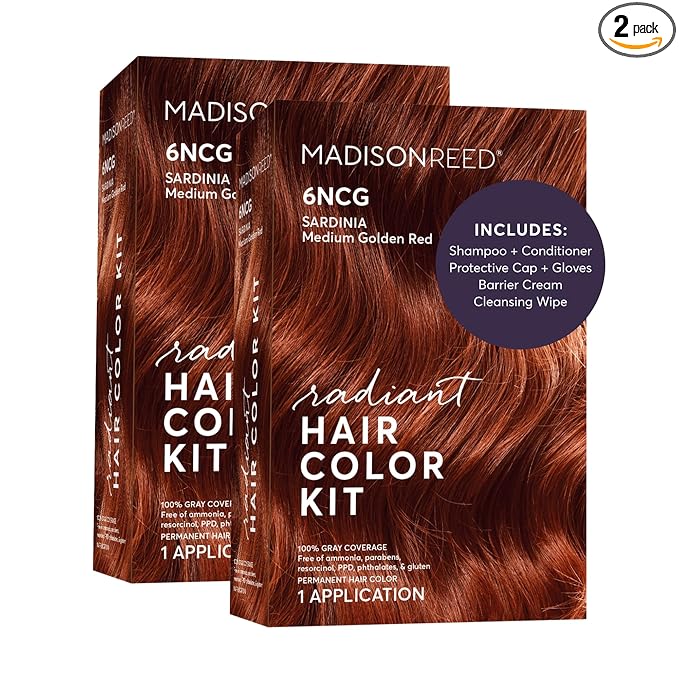 Madison Reed Radiant Hair Color Kit - 6NCG Medium Golden Red with Copper Tones (Sardinia Red), Dimensional Gray Hair Blending Permanent Hair Dye, PPD-Free & Ammonia-Free, 2 Pack