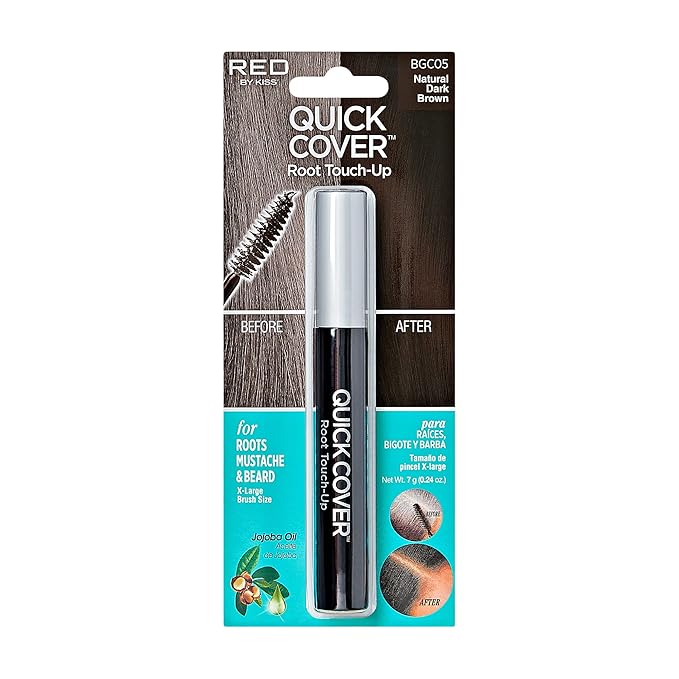 RED by KISS Quick Cover Root Touch Up Rescue (Natural Dark Brown), Mascara Natural Water-Resistant Temporary Gray Concealer Cover Up Brush for Hair Mustache & Beard, Formulated with Jojoba Oil