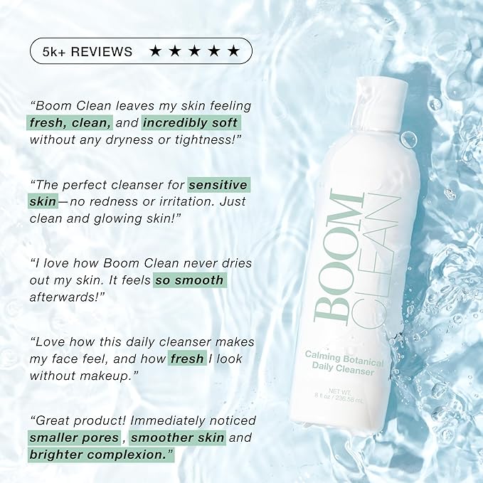 Boom Clean® Face Wash for Women | Calming Botanical Gentle Daily Facial Cleanser | pH-Balanced, Microbiome-Friendly Formula | Hydrating Aloe, Chamomile & Green Tea | Vegan, Cruelty-Free (4 oz)