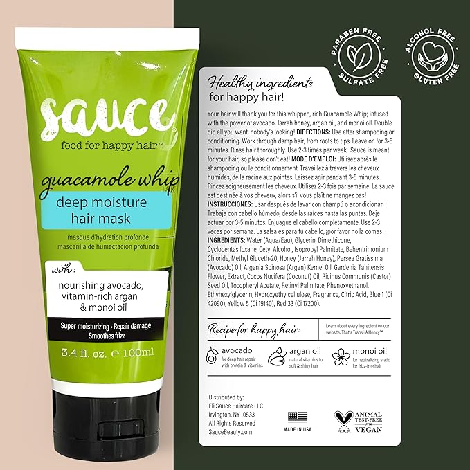 SAUCE Deep Conditioning Hair Mask for Dry Damaged Hair, Guacamole Whip (3.4 Fl Oz) Frizz Control with Avocado, Jarrah Honey, Monoi & Argan Oil, All Hair Types, Paraben & Sulfate-Free