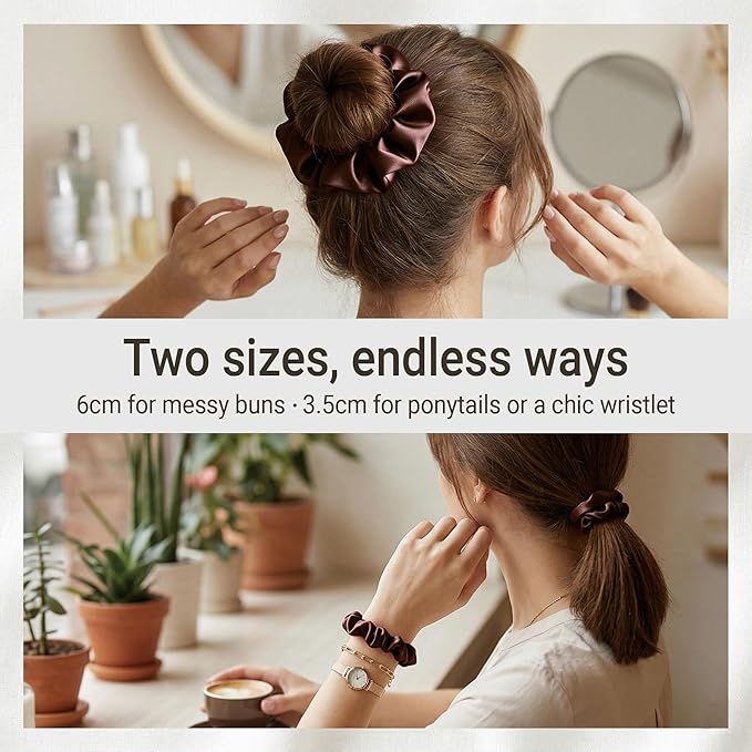 ZLYC 100% Mulberry Silk Scrunchie 19 Momme Gentle Creaseless Hair Tie for Women Dent-Free Ponytail Holder, 3.5cm Solid Coffee