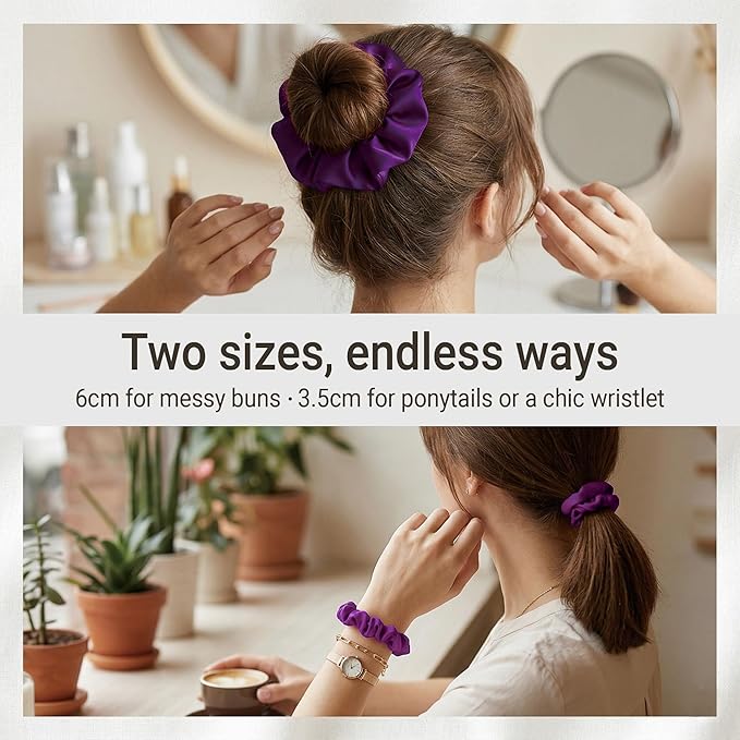 ZLYC 100% Mulberry Silk Scrunchie 19 Momme Gentle Creaseless Hair Tie for Women Dent-Free Ponytail Holder, 3.5cm Solid Purple