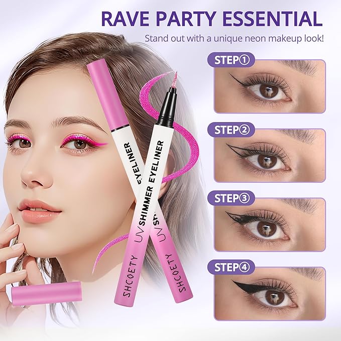 Metallic Neon Liquid Eyeliner, Glitter Neon Colored Eyeliners Pen, High Pigmented, Waterproof Smudge-Proof and Long-Lasting Metallic Eye Makeup for Halloween Christmas,Shimmer Purple
