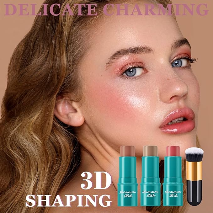 3Pcs Cream Contour Stick Makeup Kit with Makeup Brush,Shades with Highlighter,Brush Stick,Cream Bronzer for Sculpt the Cheeks,Long-lasting Waterproof Lightweight Contour Set B