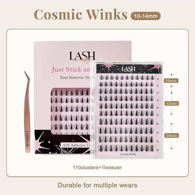 cosmic winks Self Adhesive Glue Free Lash Clusters kit Easy Removal lash Extensions Soft Lightweight Thick And Dense Lashes Beginner Friendly False Eyelashes 110 Clusters