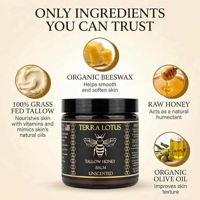 Terra Lotus - Organic Grass-Fed Beef Tallow Balm with Raw Honey - Moisturizing Cream for Soft, Smooth Skin - Handmade All-Natural Moisturizer (4 Oz, Vanilla)