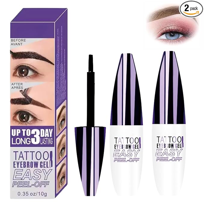 2 Pcs Dark Brown Easy Peel Off Eyebrow Gel, Tattoo Eyebrow Tint, Waterproof & Sweatproof Peel Off Tinted Eyebrow, Long-lasting Natural Color Up to 3 Days, Eyebrow Tattoo for All Skin Types (#01)