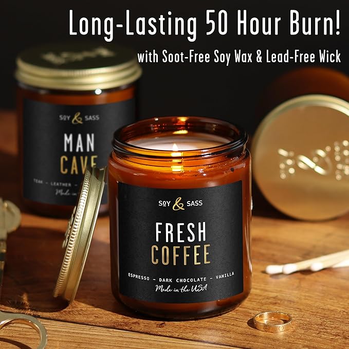 Fresh Coffee Candle - Black Candles for Men or Women - Dark Coffee Beans, Caramel & Vanilla Cream Soy Wax Scented Mens Candle - Infused w/Essential Oils | Long 50Hr Burn, 9oz I Non Toxic I Made in USA