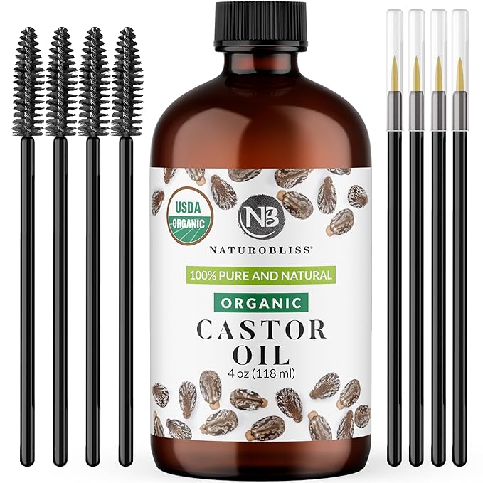 NaturoBliss Organic Castor Oil 4 Fl Oz | Glass Bottle | 100% Pure and Natural | Premium Grade Carrier Oil | Hair, Eyelashes and Eyebrows | Hair and Body | Cold-Pressed | Hexane-Free