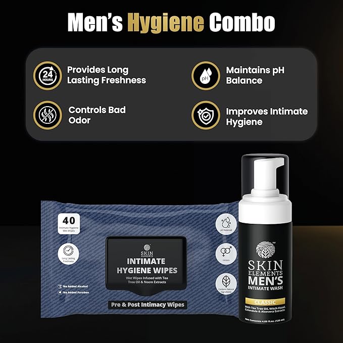 Skin Elements Intimate Hygiene Combo| Intimate Wash Men 120 ml+Intimate Wipes 30 Individual Sachets With Tea Tree & Neem Extracts - pH Balanced Foaming Wash Prevents Irritation & Bad Odor