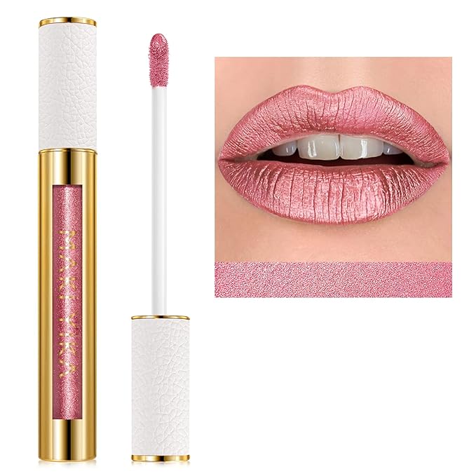 MAKI YIKA Pink Nude Lipstick for Women Metallic Lipsticks for Mother Glitter Long Lasting Lipstick No Smudge No Transfer Liquid Lip Gloss (BR017 Love Fighter)