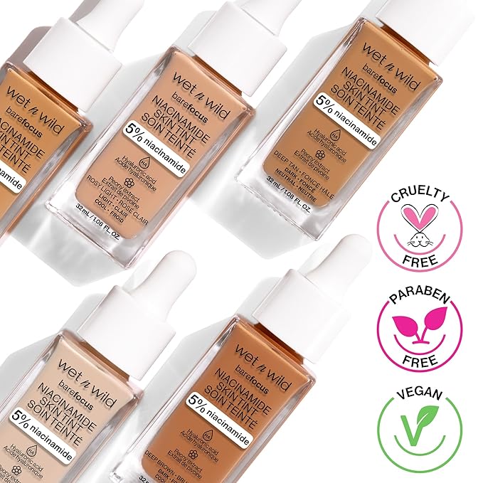 wet n wild Bare Focus Skin Tint, 5% Niacinamide Enriched, Buildable Sheer Lightweight Coverage, Natural Radiant Finish, Hyaluronic & Vitamin Hydration Boost, Cruelty-Free & Vegan-Fair Light Beige