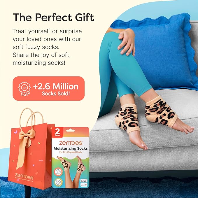 ZenToes Moisturizing Socks for Cracked Heel Treatment, Vitamin E, Olive Oil and Jojoba Oil Infused Heel Socks, Spa Gifts for Women, Mothers Day Gifts (Cheetah, Regular)