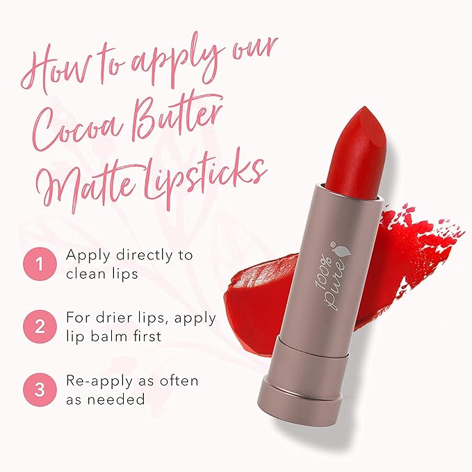 100% PURE Cocoa Butter Matte Lipstick Full Stay All Day Coverage, Lasting Moisturizing & Softening Natural Lip Color for All Skin Tones, Vegan Fruit Pigmented Sonora (Orange-Red) - 0.15 oz