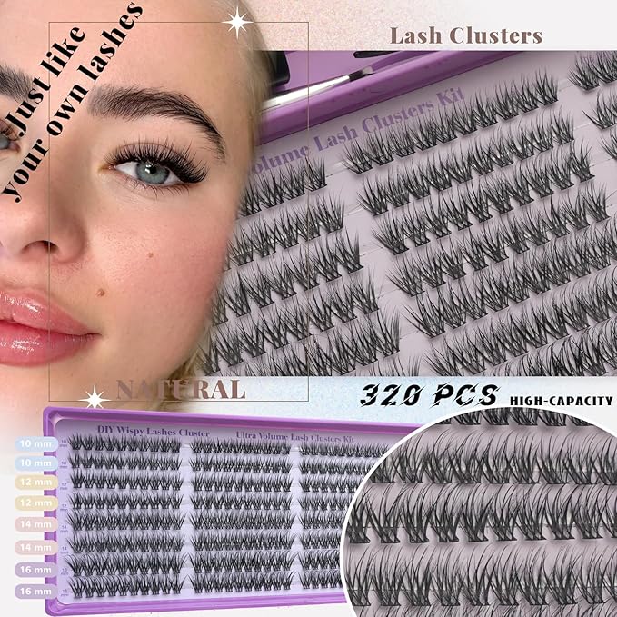 Wispy Lash Clusters Kit, Natural Lash Cluster Eyelash Extensions 320 Pcs C Curl 10-16mm Individual Fluffy False Eyelashes Thin Band DIY Kit for Beginners at Home