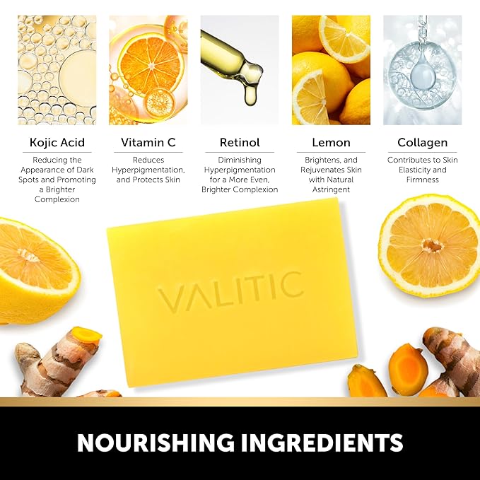 VALITIC Brightening Lemon & Turmeric Kojic Acid Soap with Vitamin C, Retinol, Collagen - Original Japanese Complex Infused with Hyaluronic Acid, Vitamin E, Shea Butter, Castile Olive Oil (5 Pack)