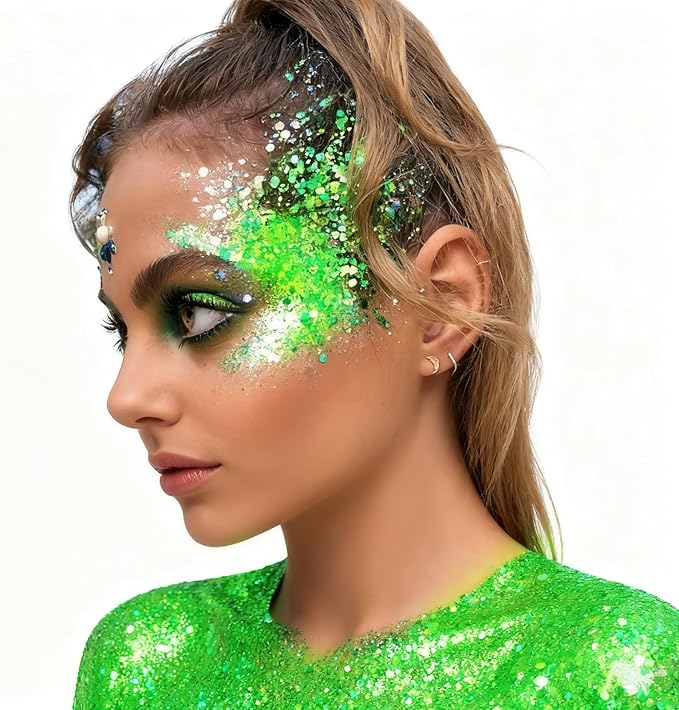 Go Ho Light Green Face Body Glitter,St Patricks Day Accessories - Sparkly Face Hair Glitter Makeup,Green Face Paint,Holographic Chunky Sequins Glitters for Eye Lip Hair