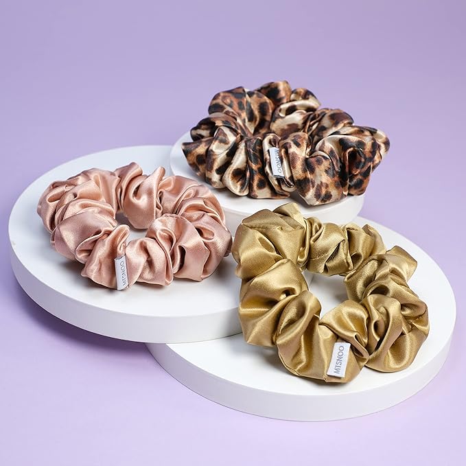 MTSNOO Silk Scrunchies, 100% Pure 22 Momme Mulberry, 3 Pack, RoseGold+GoldLeopard+Gold, Hair Ties for Curly Hair, Elastic Band, Scrunchies Set for Women Girls