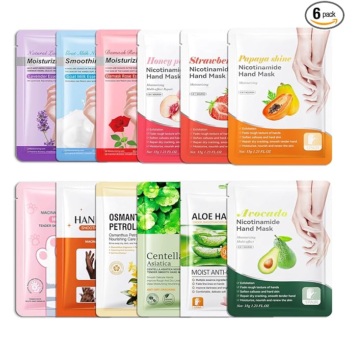 Hydrating Hand Masks, 6PCS Hand Mask Moisturizing Gloves for Men Women, Smooth Long Lasting Soft Exfoliating Hand Peeling Spa Mask Moisturizer Beauty Gift Set for Dry Cracked Rough Dull Hands（Q)