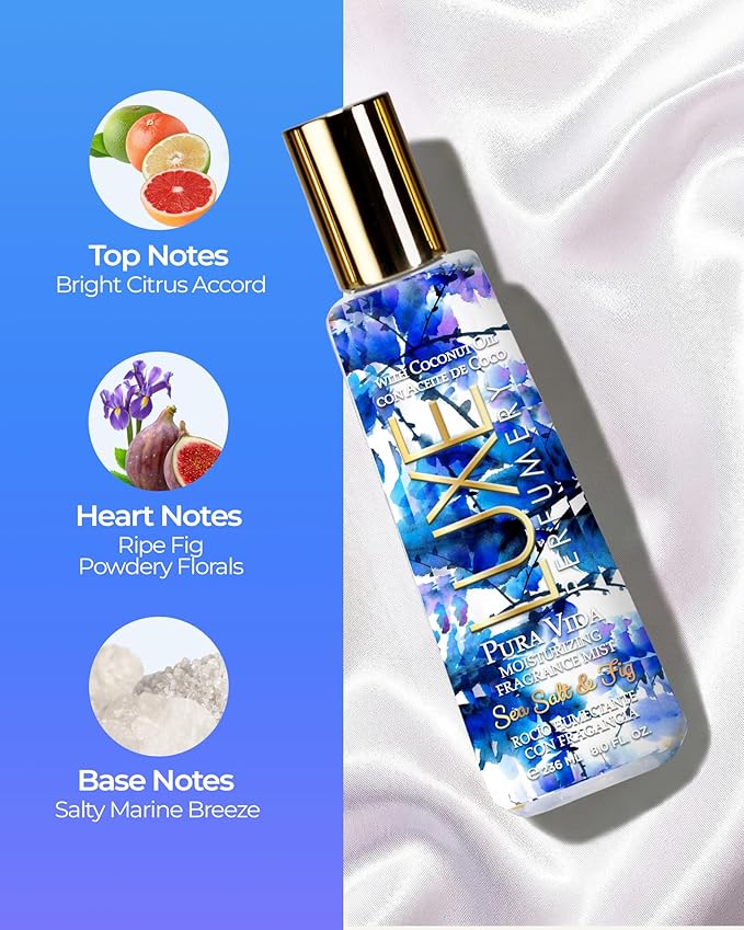 Luxe Perfumery Pura Vida Sea Salt & Fig Moisturizing Fragrance Mist – Fresh Marine Fruity Floral Body Spray with Citrus, Fig & Salty Marine Notes – Hydrating Skin Mist for Women, Made in USA, 8 Fl Oz