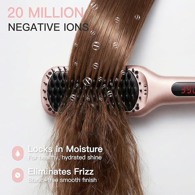 MEGAWISE Hair Straightener Ceramic Brush – Flat Iron Hot Brush, Anti-Scald, Dual Voltage, Rotatable Cord, Auto Shutoff, Anti-Frizz – for All Hair Types (Pink)