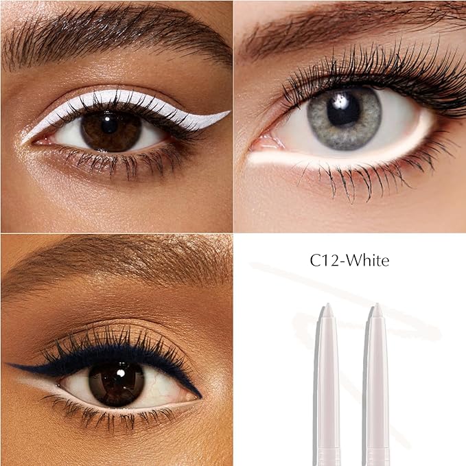 2 PCS White Eyeliner Pencil Set, Retractable Matte Gel Waterline Eye Liner Pen, Smudge-Proof Multi-Use Colorful Creamy Eye Brightener High Pigmented Long-Lasting Smooth Eyeliner for Older Women